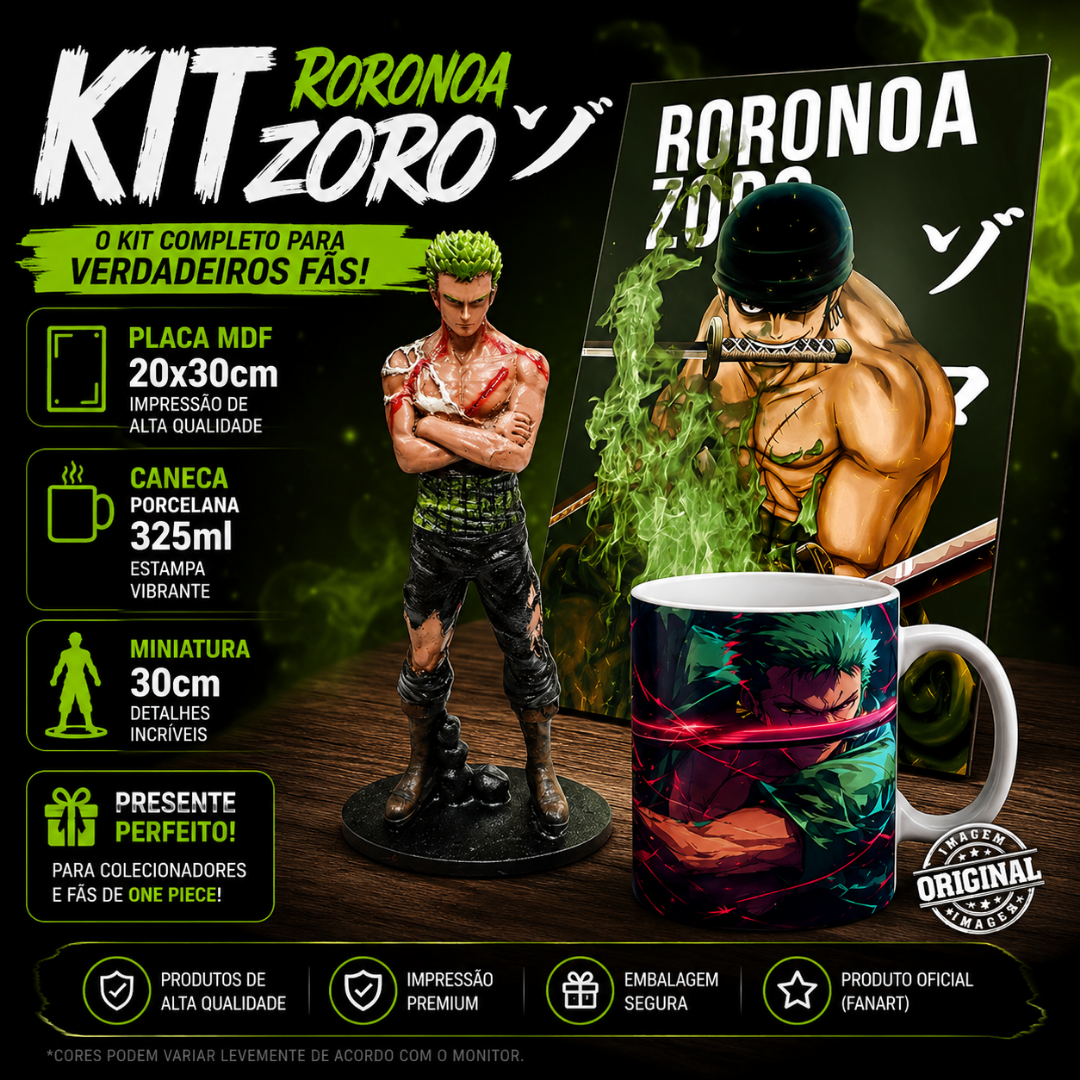 Kit Geek Personalizado | Action Figure • Caneca de Porcelana • Placa Decorativa MDF (Zoro)