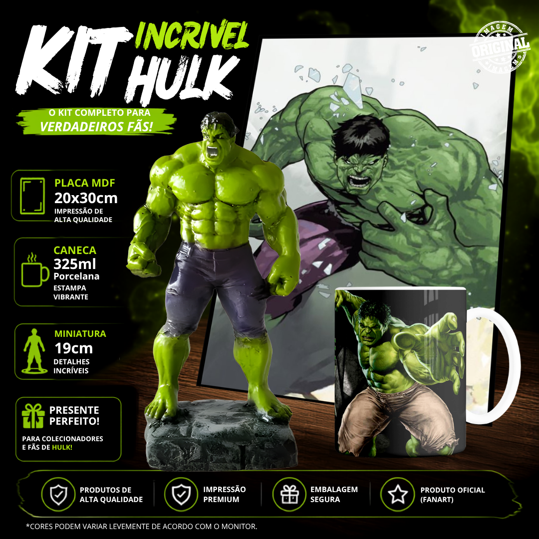 Kit Geek Personalizado | Action Figure • Caneca de Porcelana • Placa Decorativa MDF (Hulk)