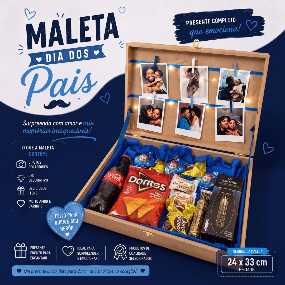 Kit Presente Dia dos Pais Premium - Maleta MDF Personalizada com Fotos