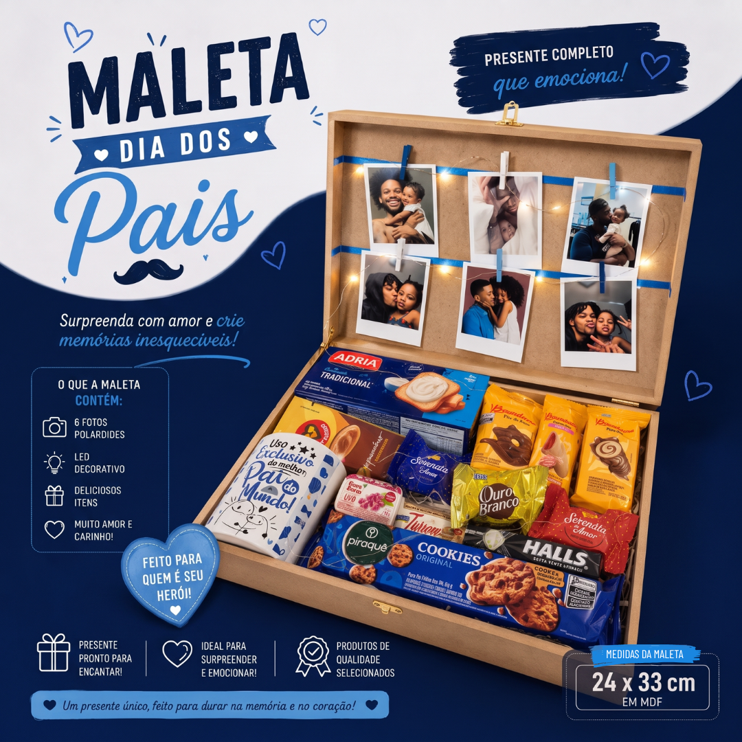 Kit Presente Dia dos Pais Premium - Maleta MDF com Caneca fotos Polaroid